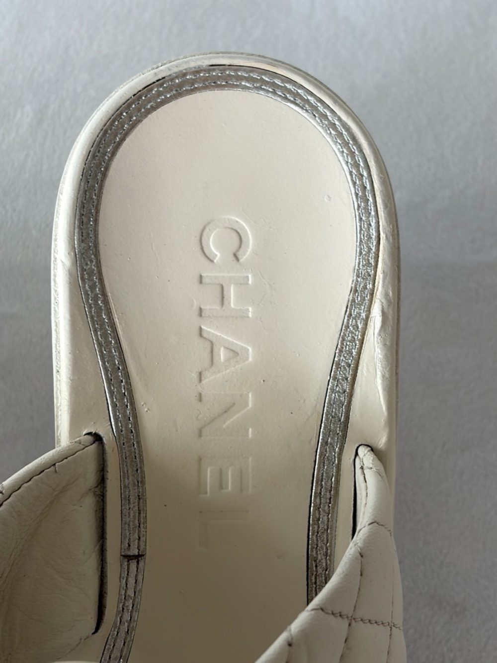 CHANEL Matelasse Leather Block Heel Slides, Camelia w/CCs,box, cream, 36.5C - Picture 11 of 16